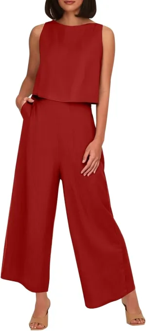 Summer 2-Piece Linen Lounge Set for Women Sleeveless Crop Top & Cropped Wide-Leg Pocket Pants Casual Vacation Outfit