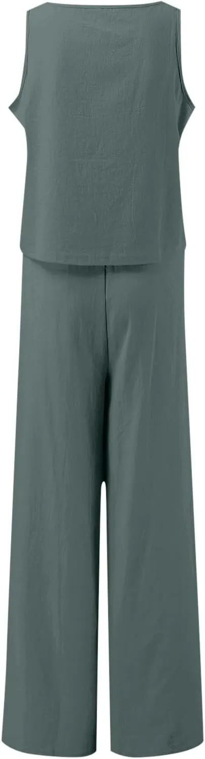 Summer 2-Piece Linen Lounge Set for Women Sleeveless Crop Top & Cropped Wide-Leg Pocket Pants Casual Vacation Outfit