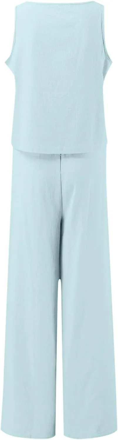 Summer 2-Piece Linen Lounge Set for Women Sleeveless Crop Top & Cropped Wide-Leg Pocket Pants Casual Vacation Outfit