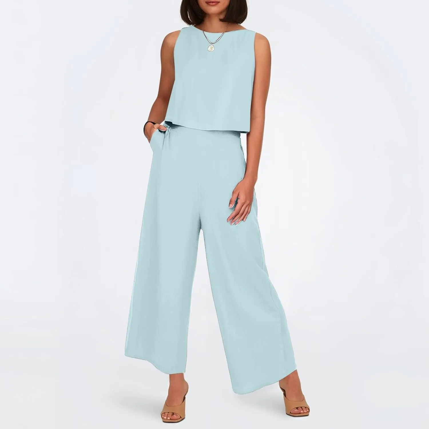 Summer 2-Piece Linen Lounge Set for Women Sleeveless Crop Top & Cropped Wide-Leg Pocket Pants Casual Vacation Outfit