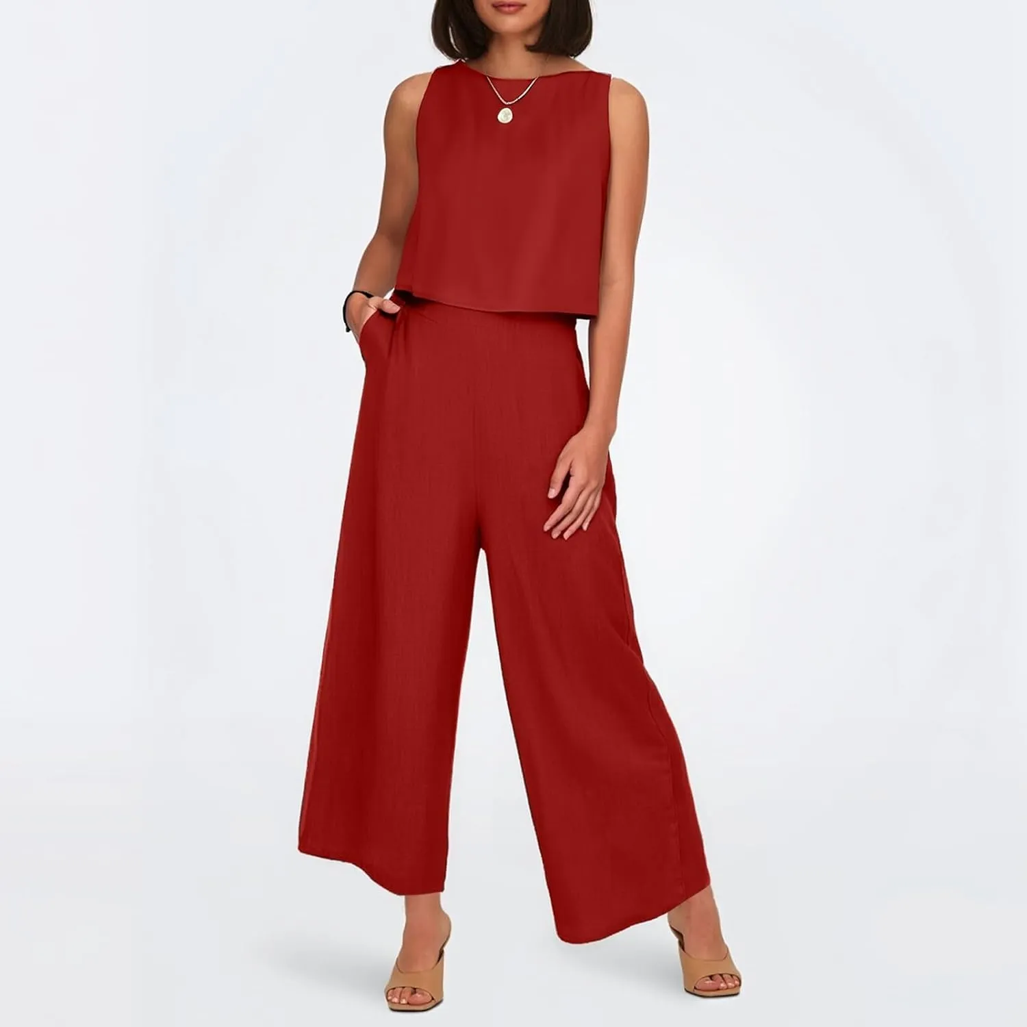 Summer 2-Piece Linen Lounge Set for Women Sleeveless Crop Top & Cropped Wide-Leg Pocket Pants Casual Vacation Outfit