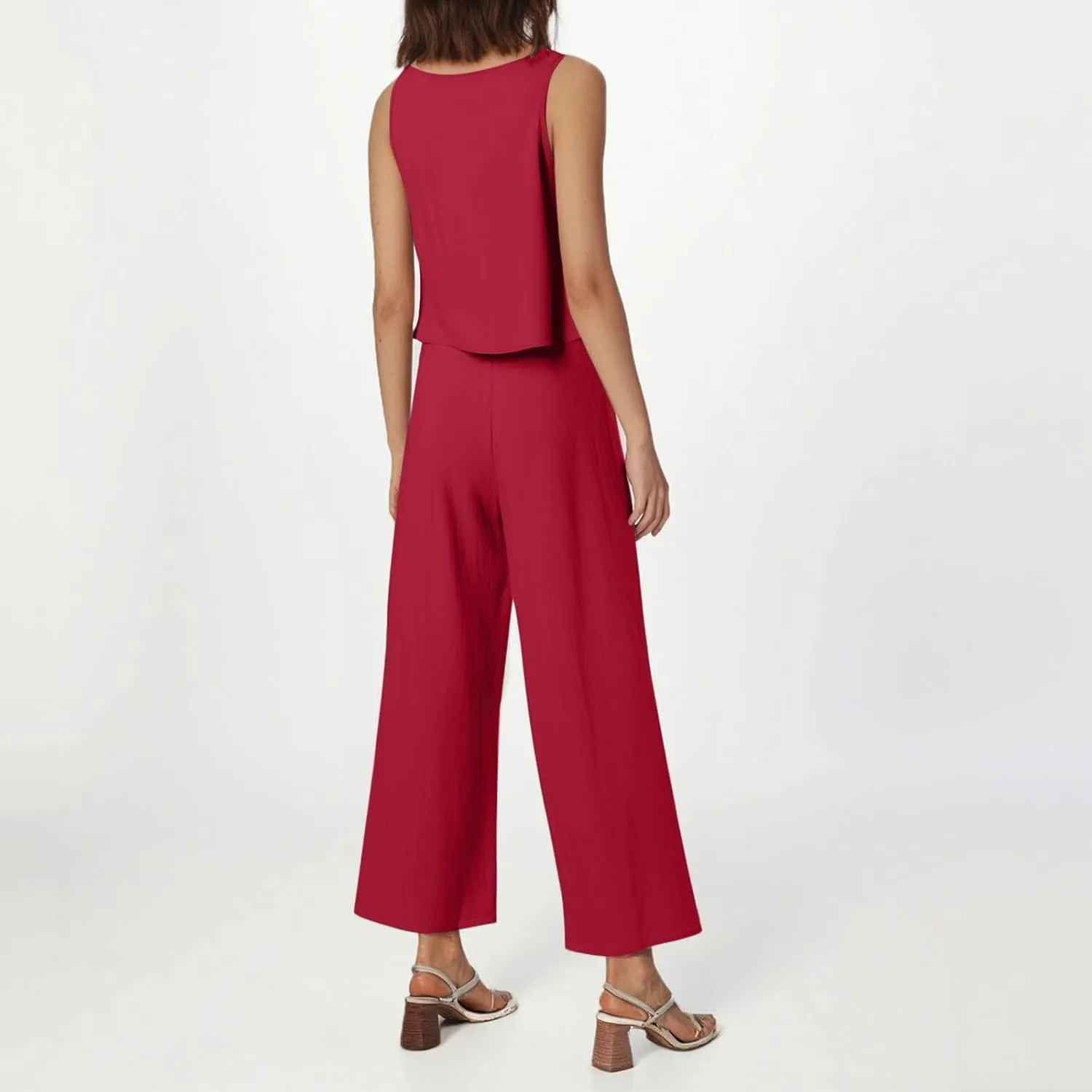 Summer 2-Piece Linen Lounge Set for Women Sleeveless Crop Top & Cropped Wide-Leg Pocket Pants Casual Vacation Outfit
