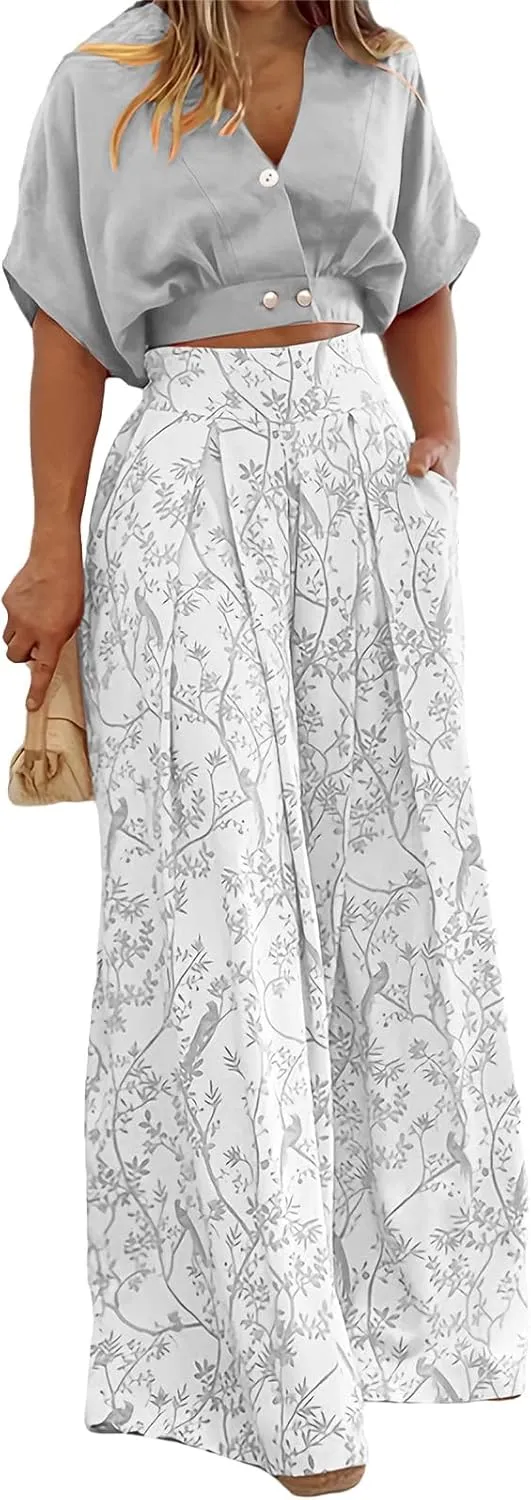 Summer 2 Piece Sets for Women Short Sleeve V Neck Sexy Crop Tops Matching Print Wide Leg Pants Set Vacation Airport