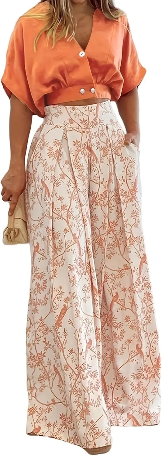 Summer 2 Piece Sets for Women Short Sleeve V Neck Sexy Crop Tops Matching Print Wide Leg Pants Set Vacation Airport