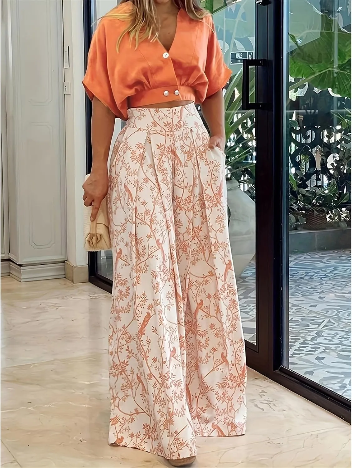 Summer 2 Piece Sets for Women Short Sleeve V Neck Sexy Crop Tops Matching Print Wide Leg Pants Set Vacation Airport