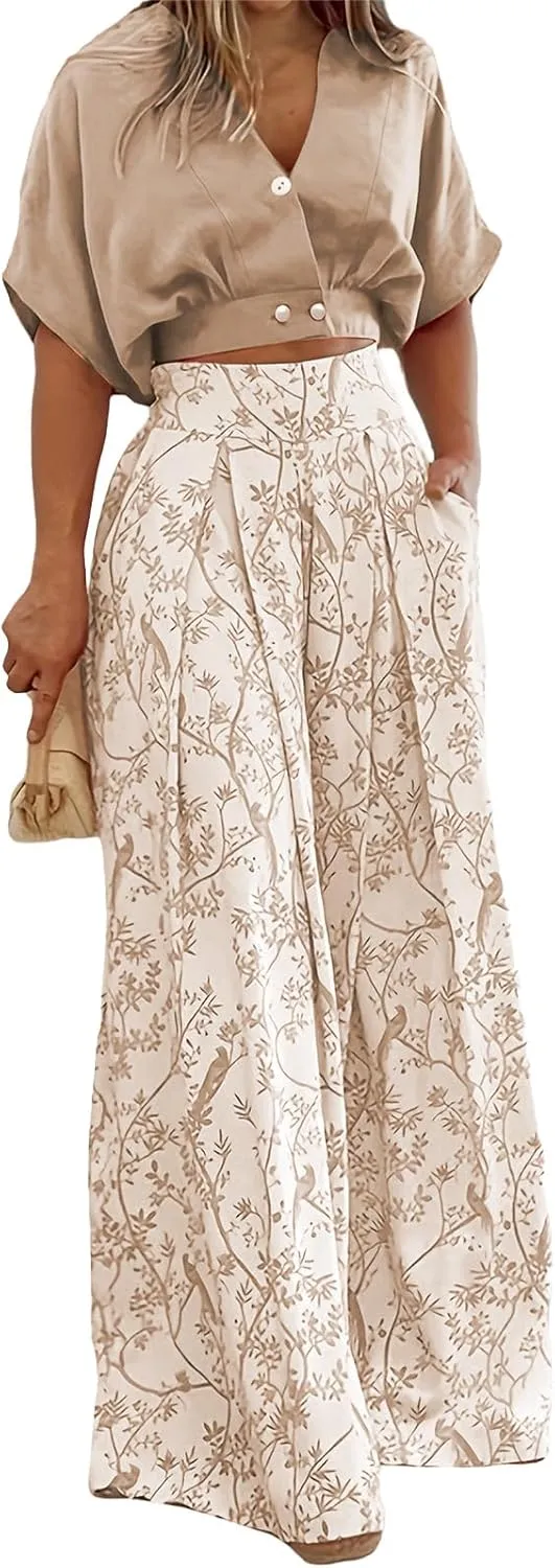 Summer 2 Piece Sets for Women Short Sleeve V Neck Sexy Crop Tops Matching Print Wide Leg Pants Set Vacation Airport
