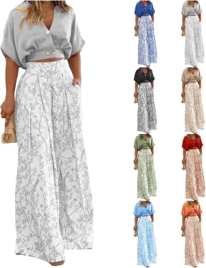 Summer 2 Piece Sets for Women Short Sleeve V Neck Sexy Crop Tops Matching Print Wide Leg Pants Set Vacation Airport