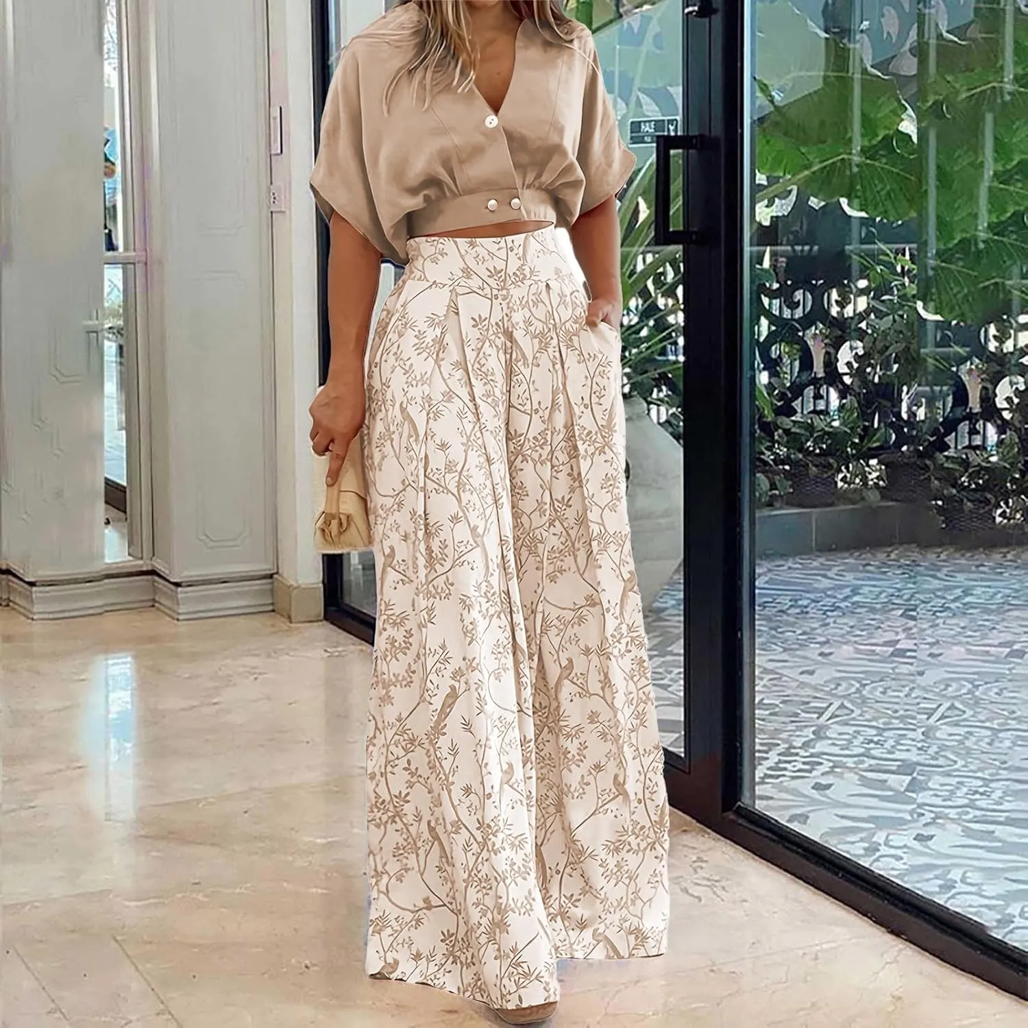 Summer 2 Piece Sets for Women Short Sleeve V Neck Sexy Crop Tops Matching Print Wide Leg Pants Set Vacation Airport