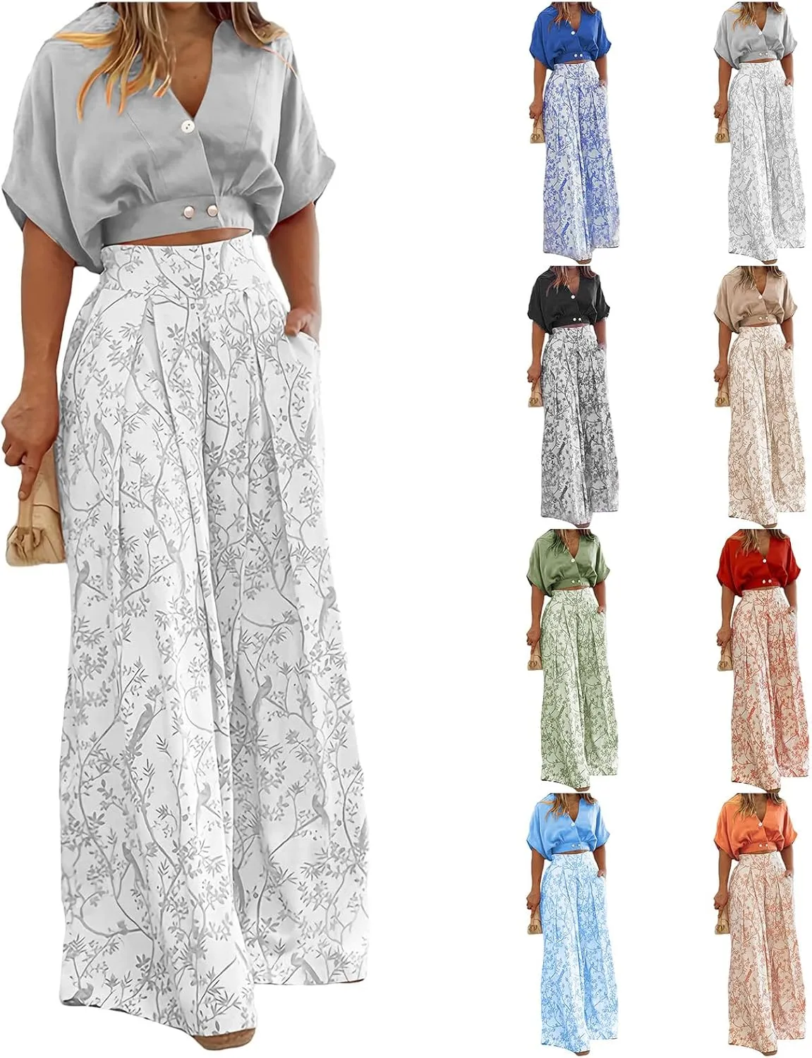 Summer 2 Piece Sets for Women Short Sleeve V Neck Sexy Crop Tops Matching Print Wide Leg Pants Set Vacation Airport
