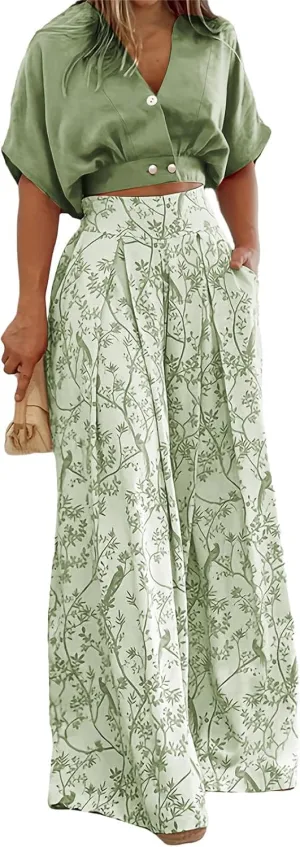 Summer 2 Piece Sets for Women Short Sleeve V Neck Sexy Crop Tops Matching Print Wide Leg Pants Set Vacation Airport