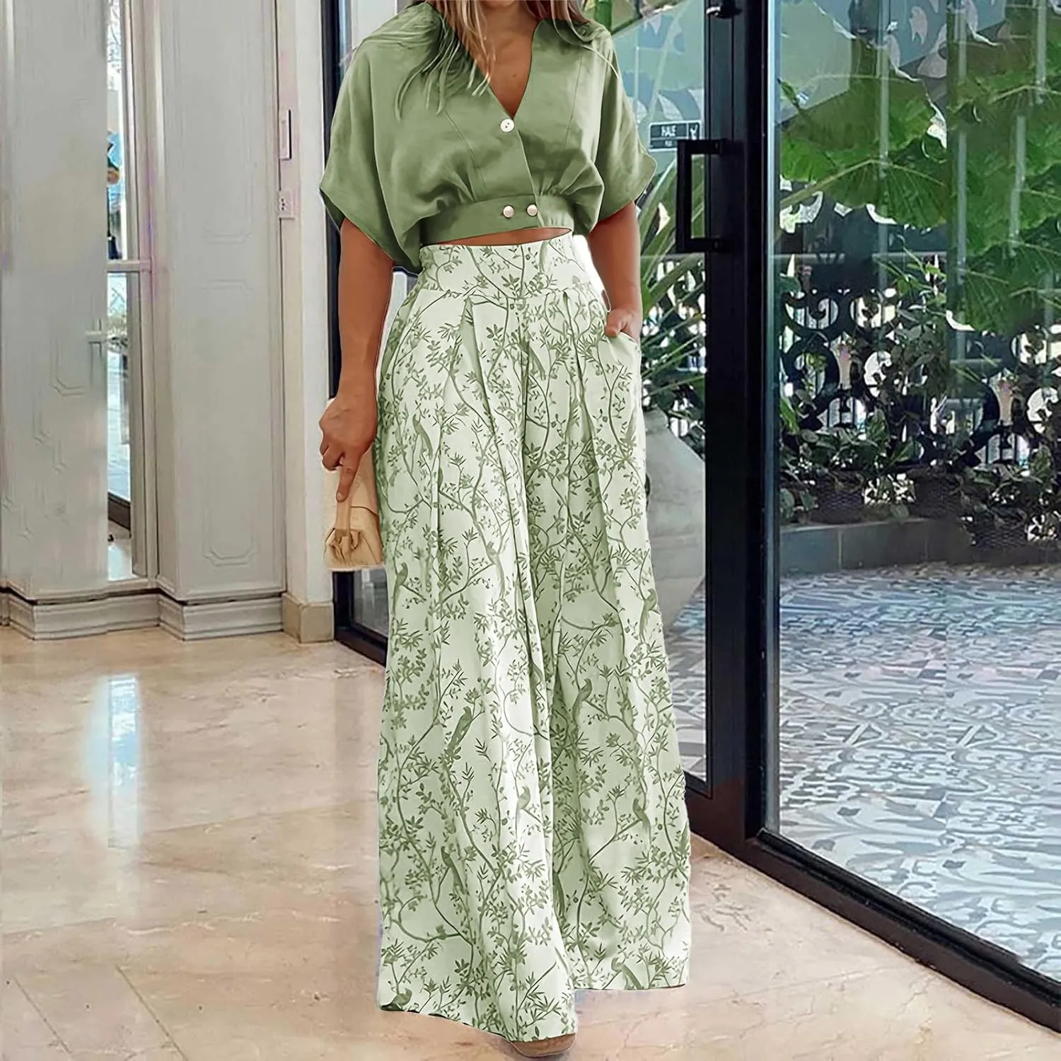 Summer 2 Piece Sets for Women Short Sleeve V Neck Sexy Crop Tops Matching Print Wide Leg Pants Set Vacation Airport