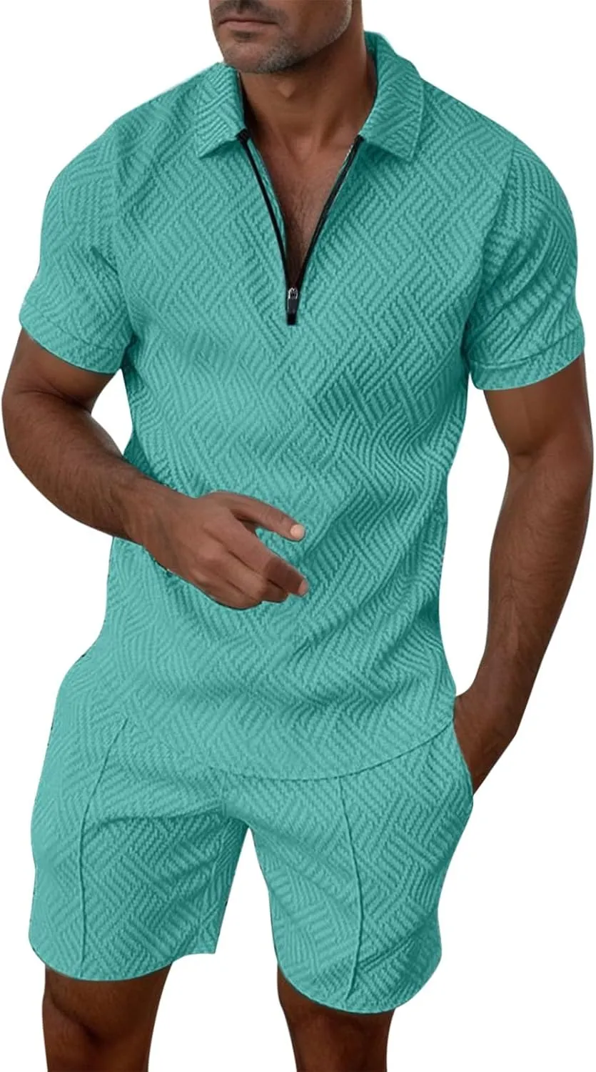 Summer Casual Outfits for Men Polo Shirt and Shorts Set 2 Piece Outfits Short Set Beach Vacation Outfits Golf Tracksuit