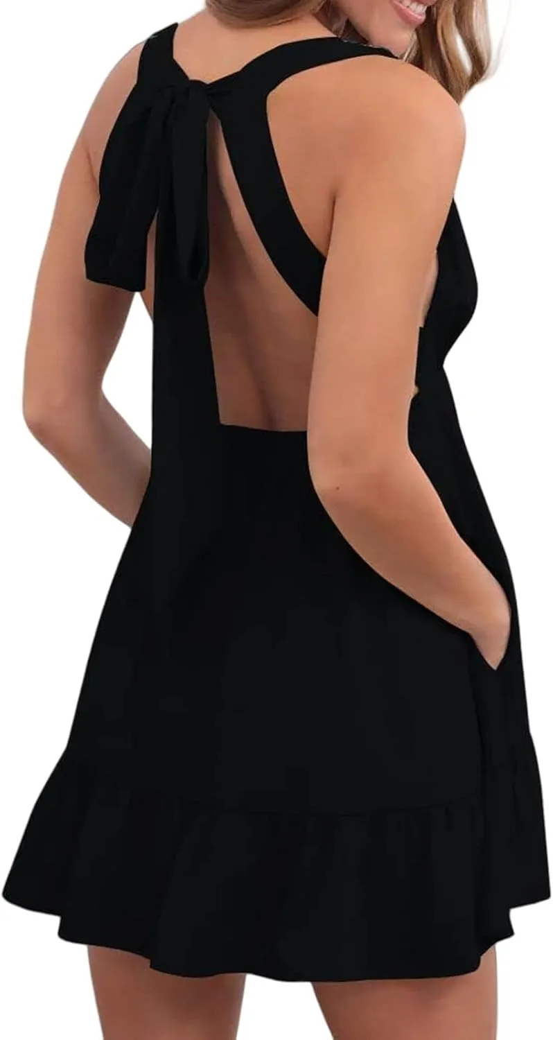 Summer Dresses for Women 2025 Deep V Neck Sleeveless Mini Dress Sexy Backless Strap Casual Short Dresses 2025