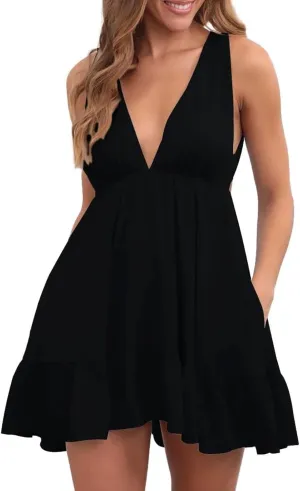 Summer Dresses for Women 2025 Deep V Neck Sleeveless Mini Dress Sexy Backless Strap Casual Short Dresses 2025