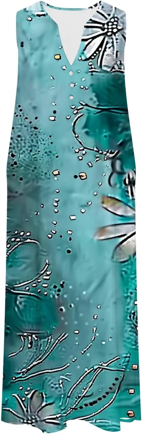 Summer Dresses for Women 2025 Floral Print V Neck Maxi Dress Sleeveless Boho Beach Vacation Sundress Resort Wear