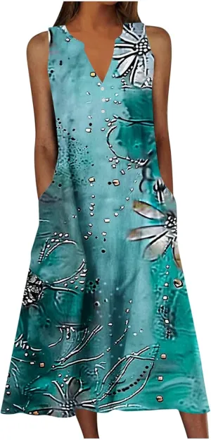Summer Dresses for Women 2025 Floral Print V Neck Maxi Dress Sleeveless Boho Beach Vacation Sundress Resort Wear