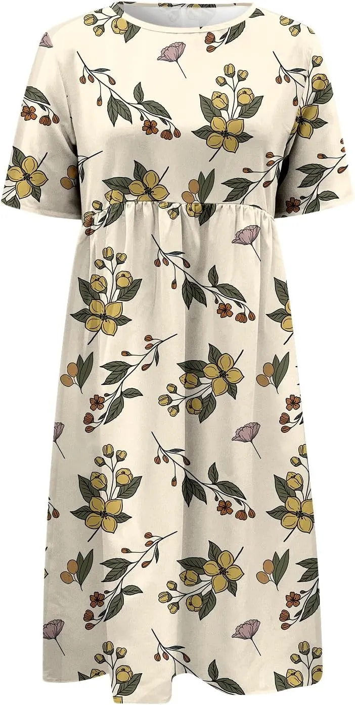 Summer Dresses for Women 2025 Floral Short Sleeve Casual T Shirt Dress Beach Party Sundresses Maxi Coverup with Pockets