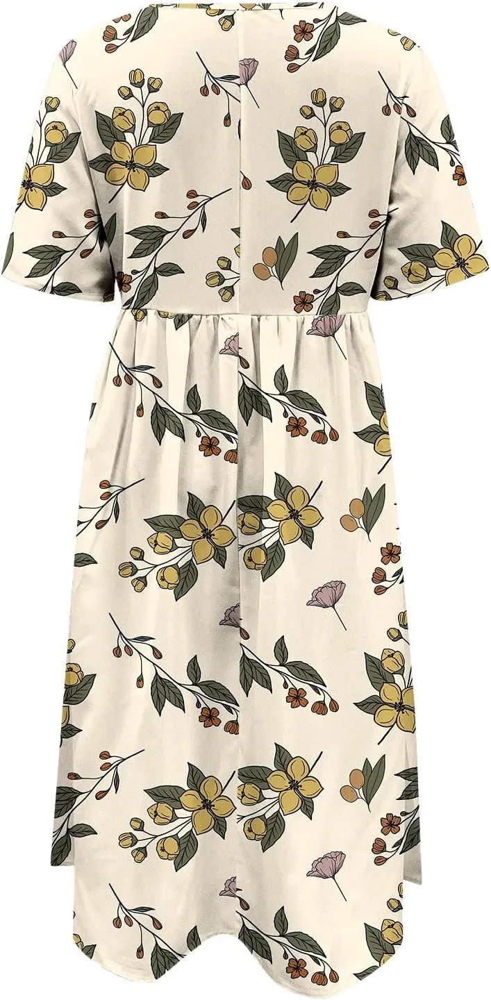 Summer Dresses for Women 2025 Floral Short Sleeve Casual T Shirt Dress Beach Party Sundresses Maxi Coverup with Pockets