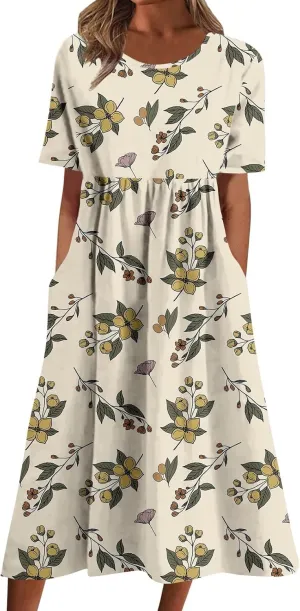 Summer Dresses for Women 2025 Floral Short Sleeve Casual T Shirt Dress Beach Party Sundresses Maxi Coverup with Pockets