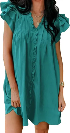 Summer Dresses for Women 2025 V Neck Ruffle Cap Sleeve Mini Fashion Loose Fit Dress Casual Beach Vacation Dress