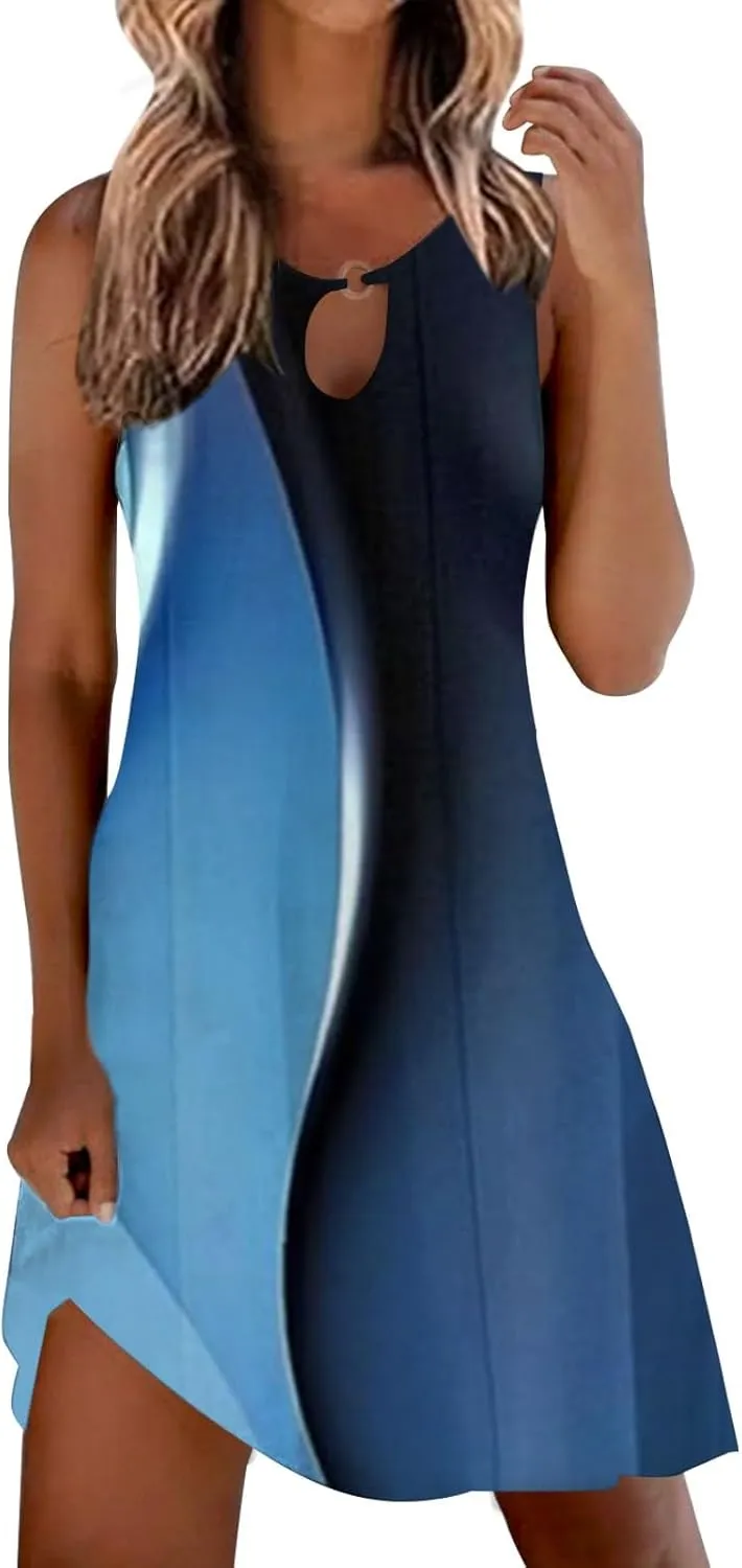 Summer Dresses for Women Casual Sleeveless Sundress Floral Loose Fit Beach Cover Up T Shirt Dresses with Pocket