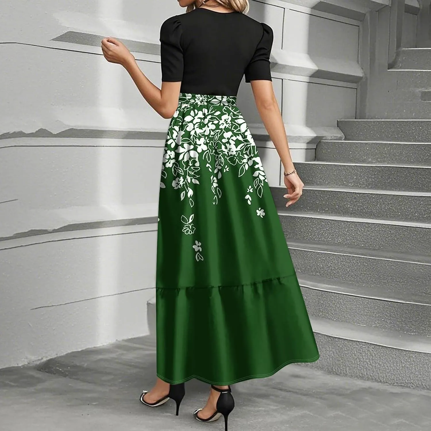 Summer Dresses for Women Ruffle Hem Maxi Dress Short Sleeve Creneck Smocked Dress Fitted Party Dresses with Belt