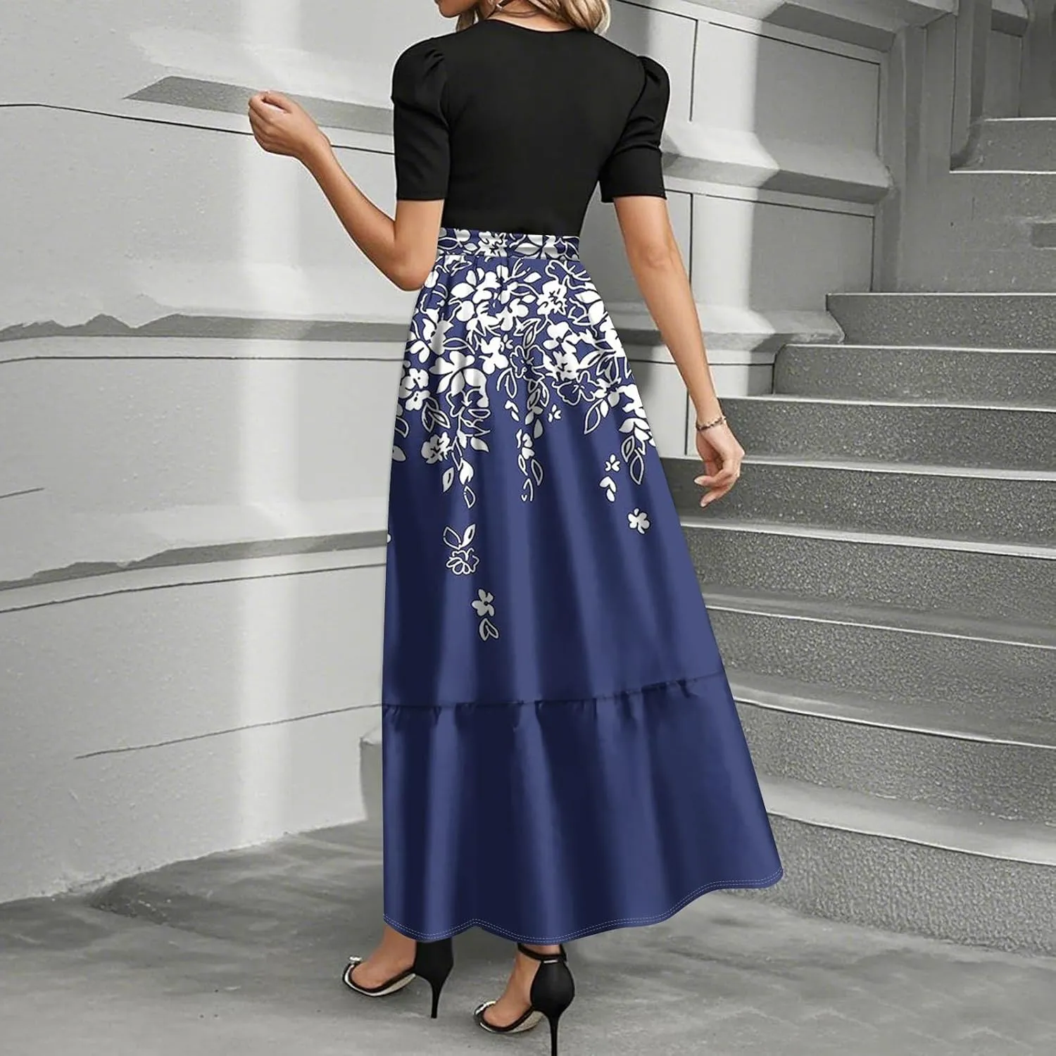 Summer Dresses for Women Ruffle Hem Maxi Dress Short Sleeve Creneck Smocked Dress Fitted Party Dresses with Belt
