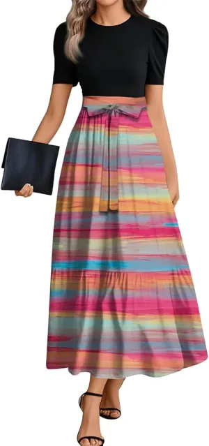 Summer Dresses for Women Ruffle Hem Maxi Dress Short Sleeve Creneck Smocked Dress Fitted Party Dresses with Belt