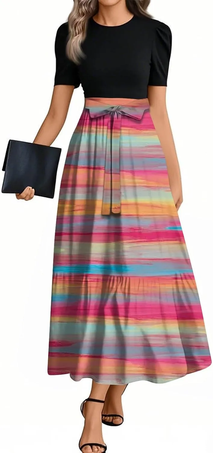 Summer Dresses for Women Ruffle Hem Maxi Dress Short Sleeve Creneck Smocked Dress Fitted Party Dresses with Belt