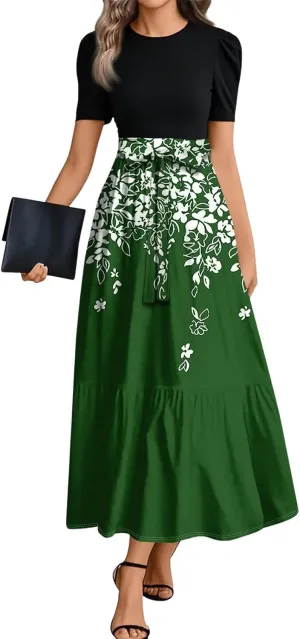 Summer Dresses for Women Ruffle Hem Maxi Dress Short Sleeve Creneck Smocked Dress Fitted Party Dresses with Belt