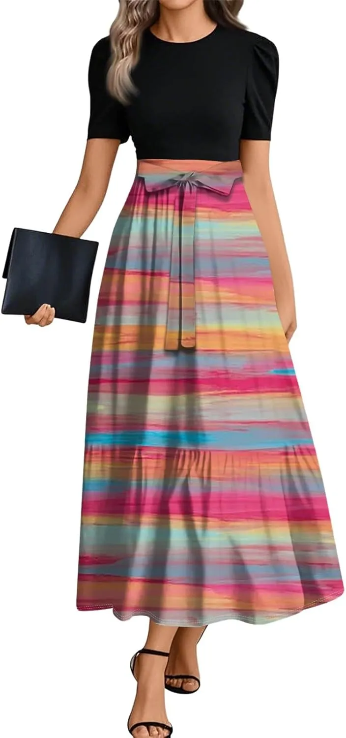 Summer Dresses for Women Ruffle Hem Maxi Dress Short Sleeve Creneck Smocked Dress Fitted Party Dresses with Belt