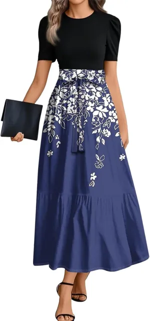 Summer Dresses for Women Ruffle Hem Maxi Dress Short Sleeve Creneck Smocked Dress Fitted Party Dresses with Belt