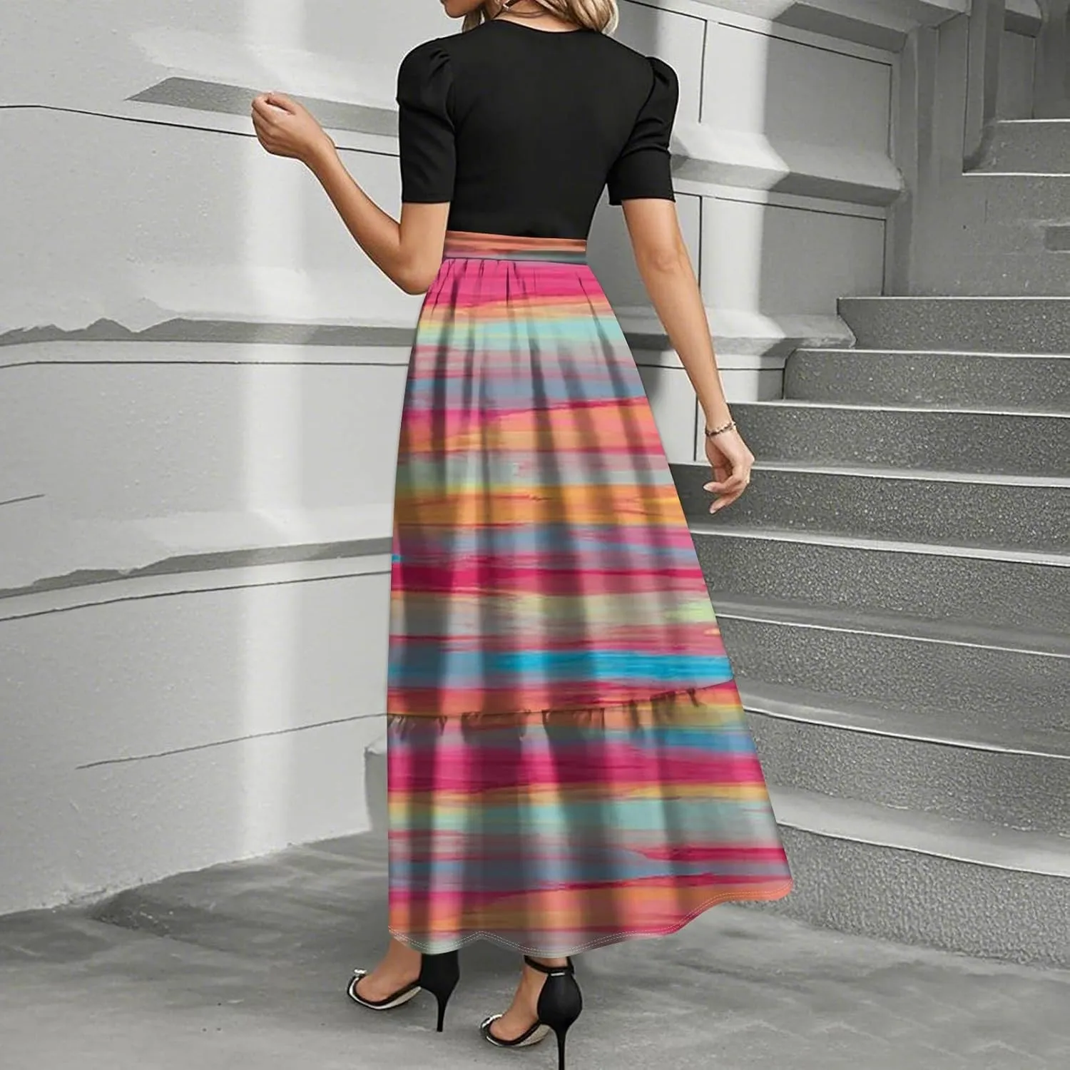 Summer Dresses for Women Ruffle Hem Maxi Dress Short Sleeve Creneck Smocked Dress Fitted Party Dresses with Belt
