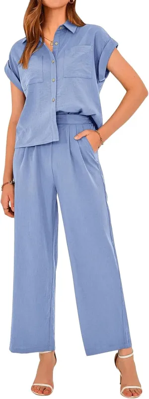 Summer Outfit for Women Two Piece Set Button Down Shirts Wide Leg Pants Outfit Lounge Set Fashion 2025