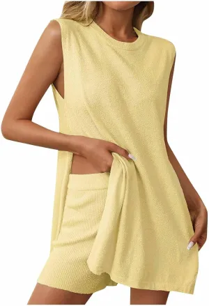 Summer Outfits for Women Knit Sweater Set Side Slit Sleeveless Tank Tops Matching Shorts 2 Piece Loungewear