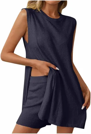 Summer Outfits for Women Knit Sweater Set Side Slit Sleeveless Tank Tops Matching Shorts 2 Piece Loungewear