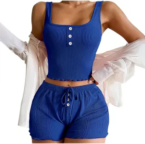 Summer Pajamas for Women Set Rib Knit Scoop Neck Sleeveless Crop Tank Tops Elastic Waist Shorts Loungewear