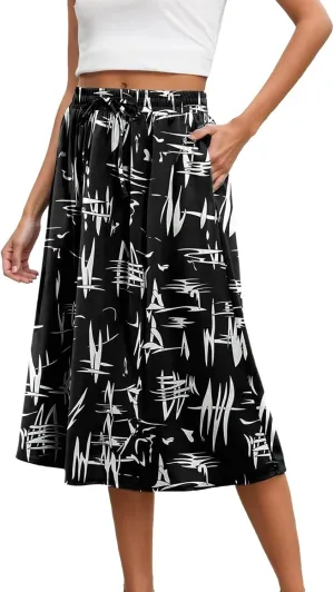 Summer Skirts with Pockets High Elastic Waist Bohemian A-Line Trendy Pleated Boha Floral Print Midi Skirts Streetwear