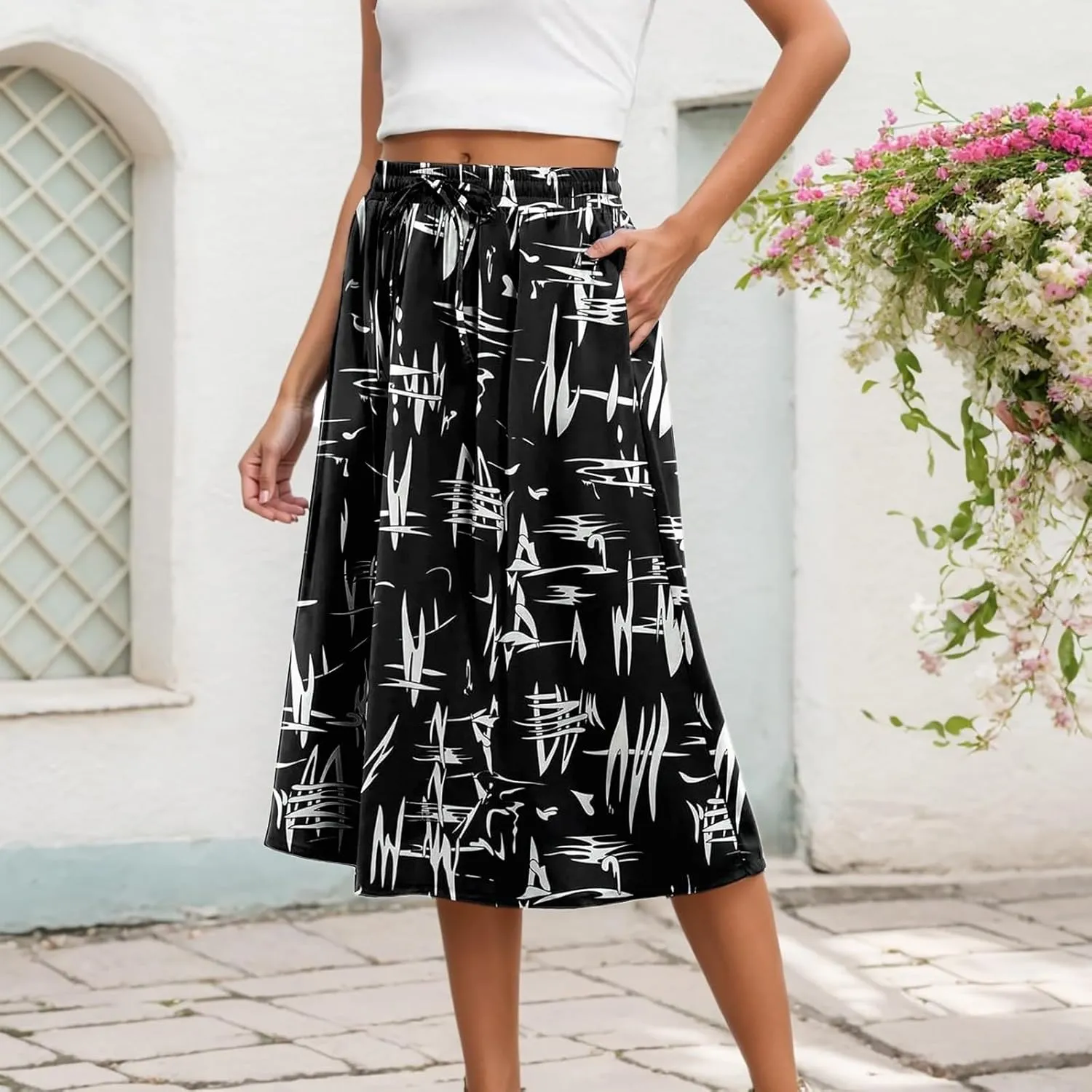 Summer Skirts with Pockets High Elastic Waist Bohemian A-Line Trendy Pleated Boha Floral Print Midi Skirts Streetwear