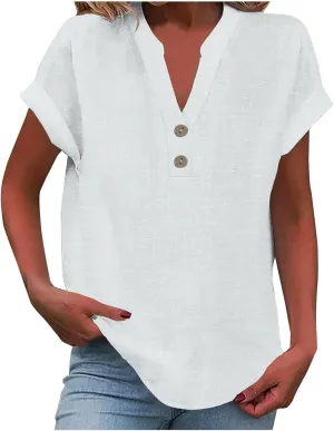 Summer Tops for Women 2025 Casual Short Sleeve V-Neck Cotton Linen Shirts Gauze Blouses Trendy Button Down T-Shirts