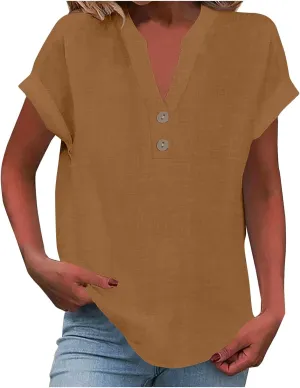 Summer Tops for Women 2025 Casual Short Sleeve V-Neck Cotton Linen Shirts Gauze Blouses Trendy Button Down T-Shirts