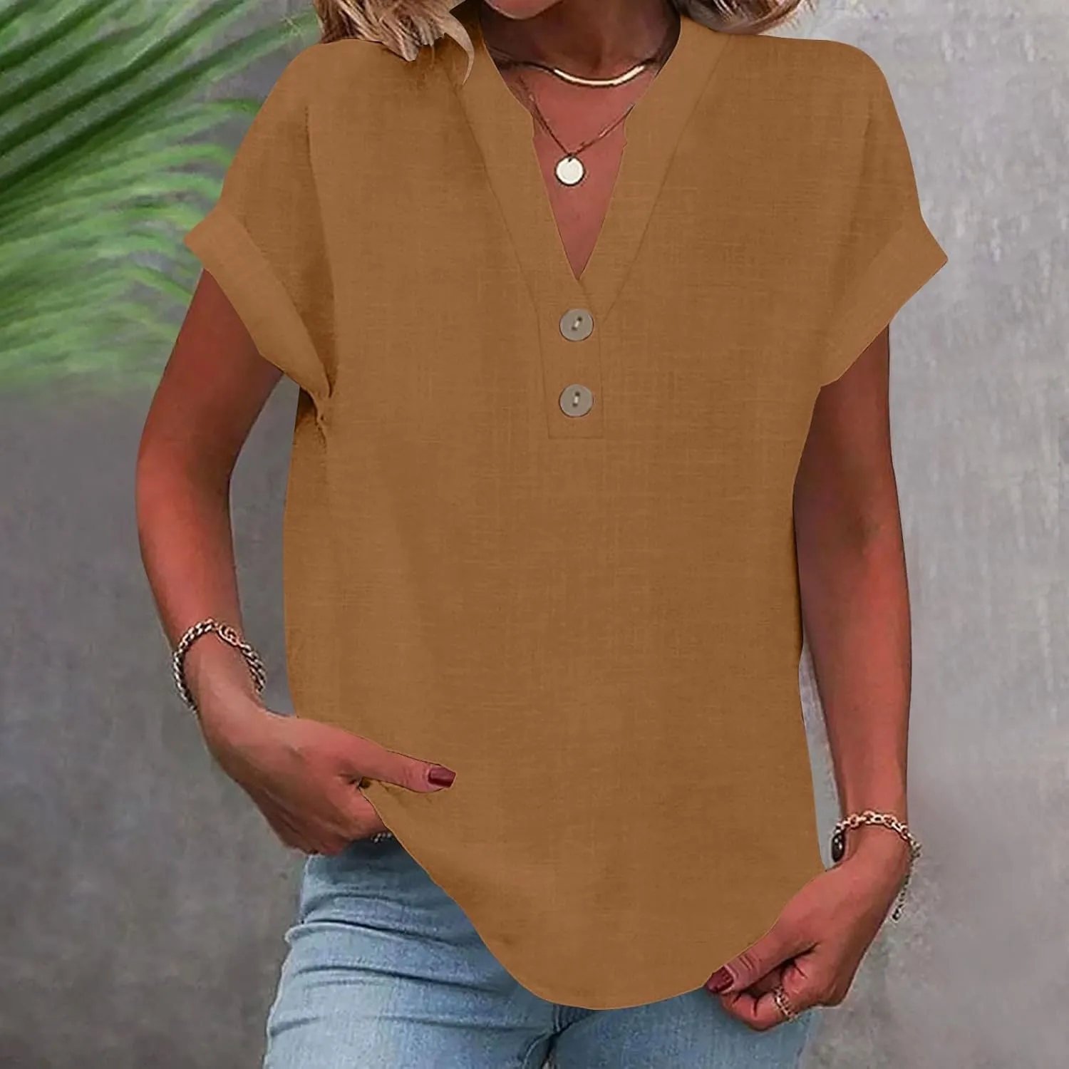 Summer Tops for Women 2025 Casual Short Sleeve V-Neck Cotton Linen Shirts Gauze Blouses Trendy Button Down T-Shirts