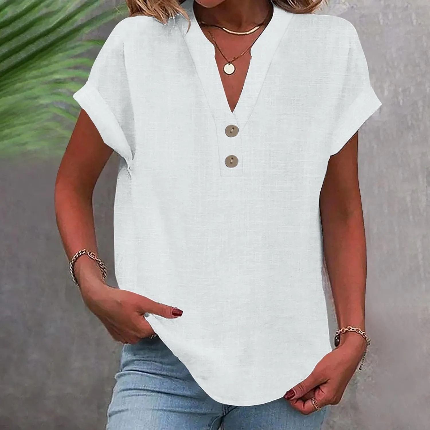 Summer Tops for Women 2025 Casual Short Sleeve V-Neck Cotton Linen Shirts Gauze Blouses Trendy Button Down T-Shirts