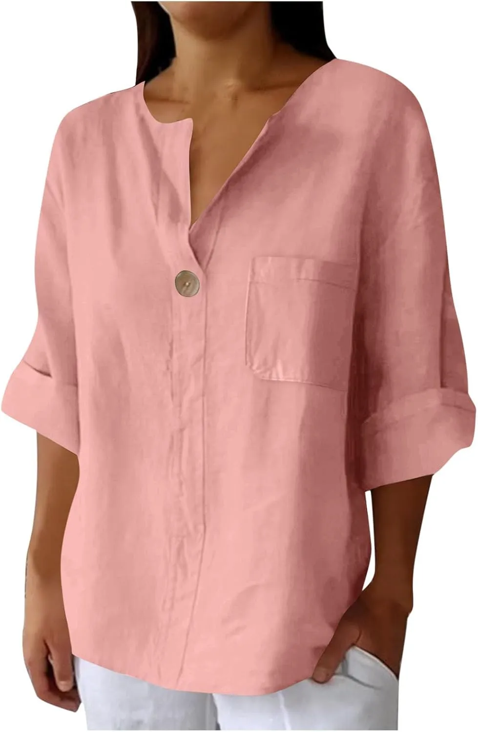 Summer Tops for Women 2025 Short Sleeve Cotton Linen Tops Button Down V Neck T Shirt Casual Loose Fit Tunic Top Blouse