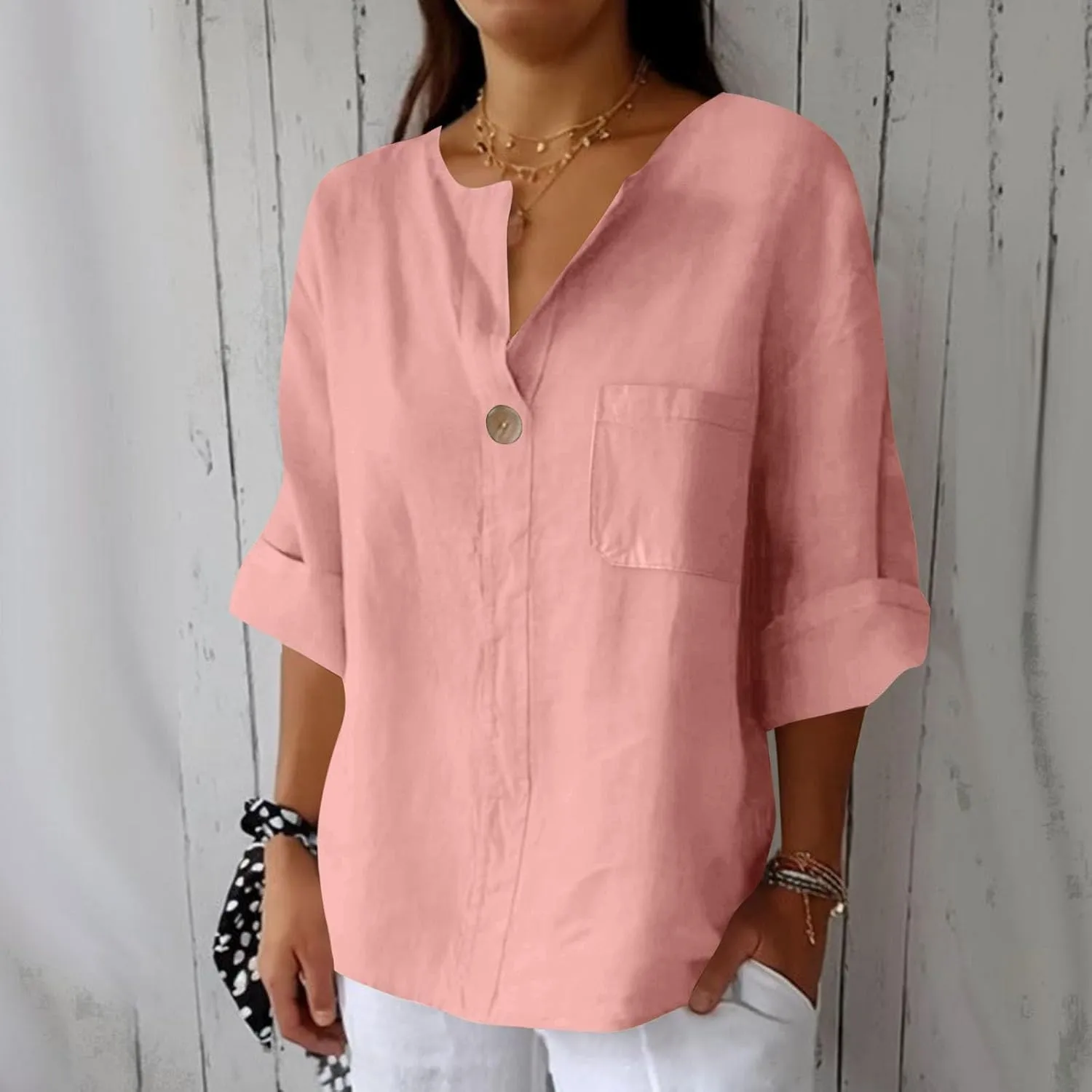 Summer Tops for Women 2025 Short Sleeve Cotton Linen Tops Button Down V Neck T Shirt Casual Loose Fit Tunic Top Blouse
