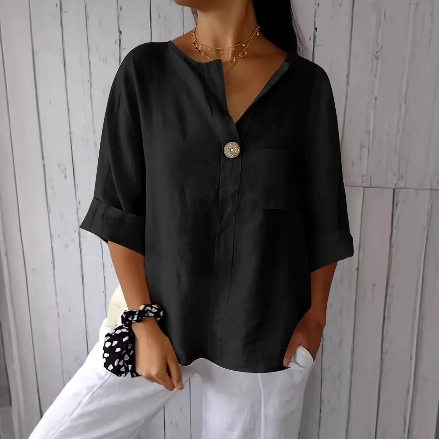 Summer Tops for Women 2025 Short Sleeve Cotton Linen Tops Button Down V Neck T Shirt Casual Loose Fit Tunic Top Blouse