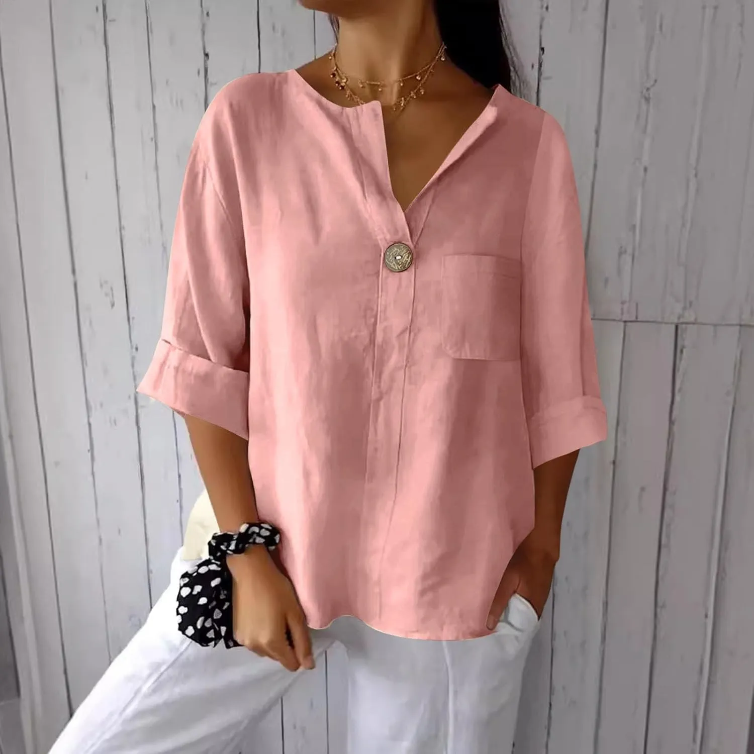 Summer Tops for Women 2025 Short Sleeve Cotton Linen Tops Button Down V Neck T Shirt Casual Loose Fit Tunic Top Blouse