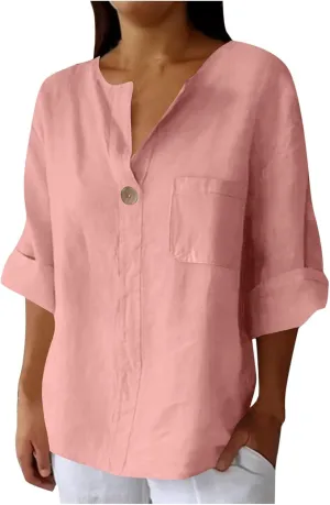 Summer Tops for Women 2025 Short Sleeve Cotton Linen Tops Button Down V Neck T Shirt Casual Loose Fit Tunic Top Blouse