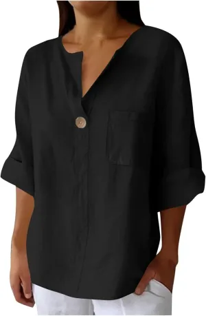 Summer Tops for Women 2025 Short Sleeve Cotton Linen Tops Button Down V Neck T Shirt Casual Loose Fit Tunic Top Blouse