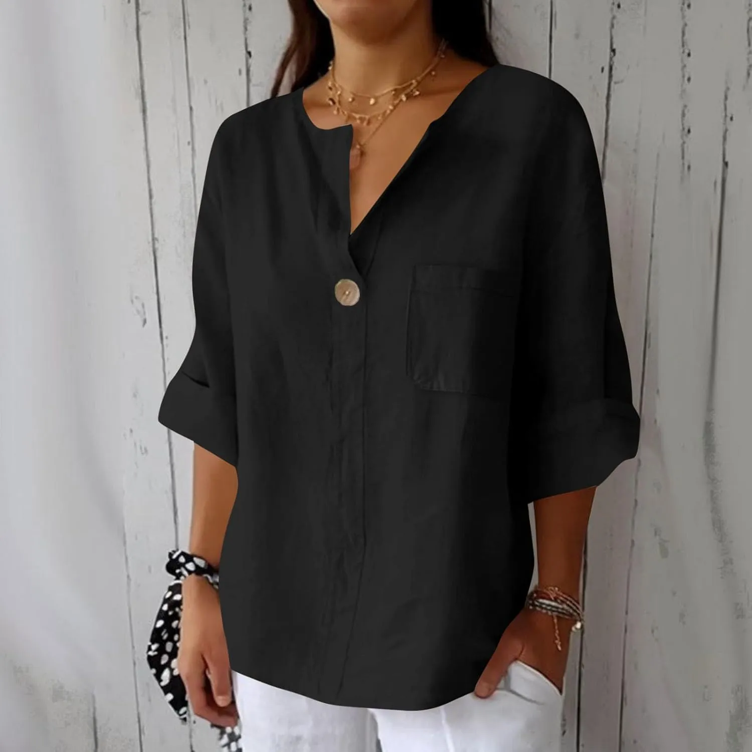 Summer Tops for Women 2025 Short Sleeve Cotton Linen Tops Button Down V Neck T Shirt Casual Loose Fit Tunic Top Blouse